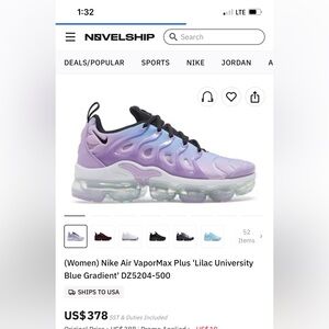 NIB NIKE VAPORMAX PLUS LILAC BLACK UNIVERSITY BLUE GRAD. W 9 RARE!!AUTHENTICATED